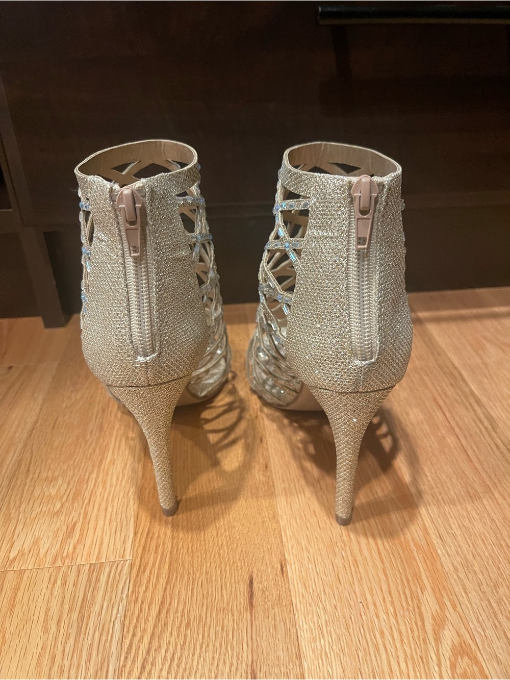Crystal-Embellished Champagne High Heel Sandals